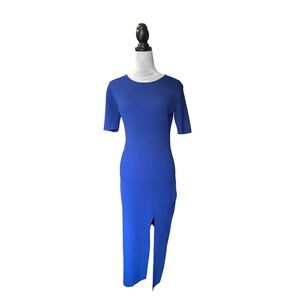 Alexia Admor Women's Blue Ribbed Knit Midi Dress with Slit Short Sleeve‎
